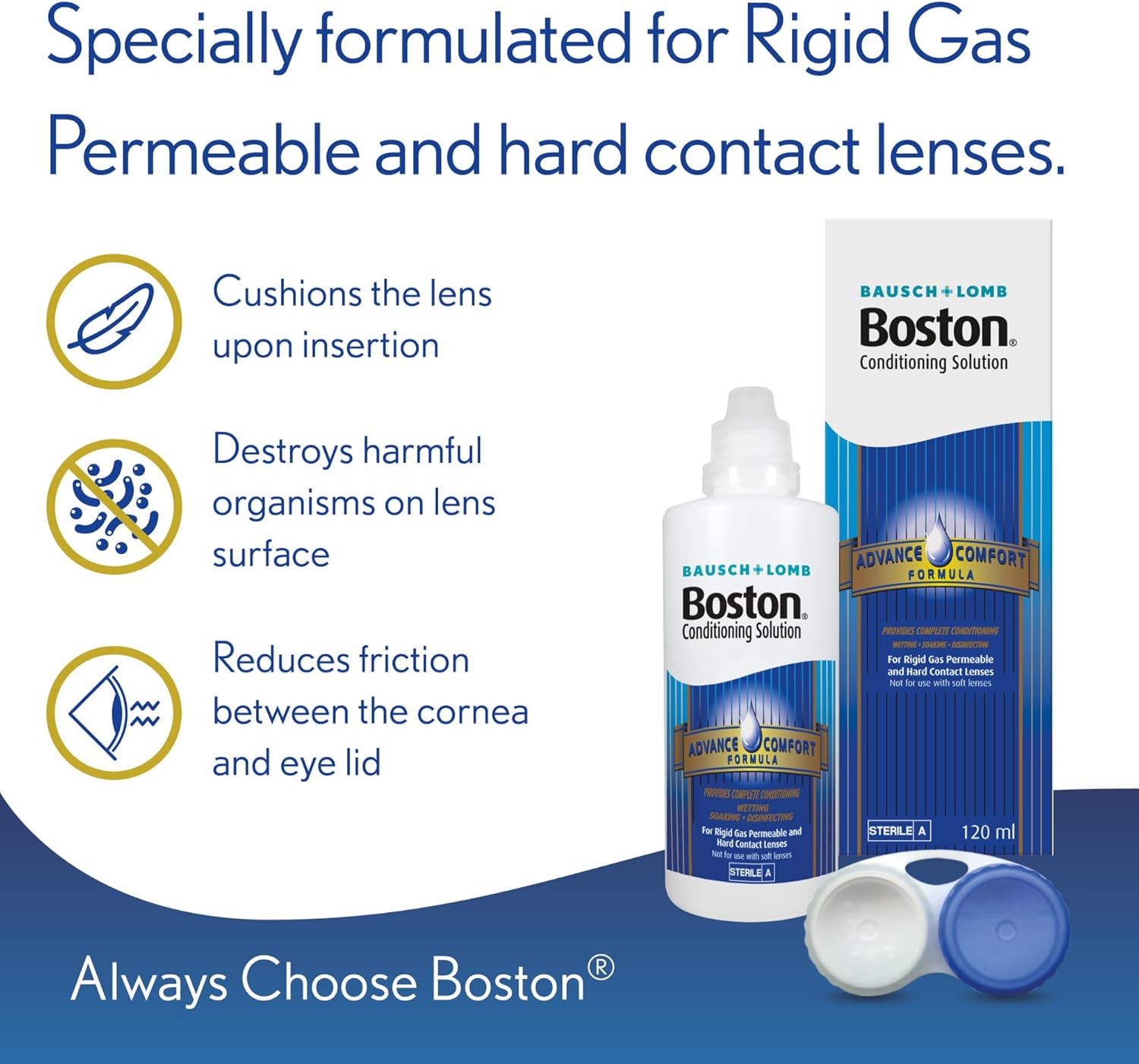 Boston contact lens solution bottle and packaging with product features on a blue background