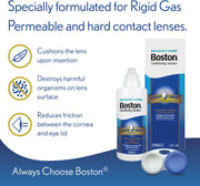 Boston contact lens solution bottle and packaging with product features on a blue background