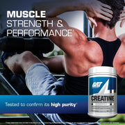 Person lifting weights with a container of Gatorade Creatine in the foreground, emphasizing muscle strength and performance.