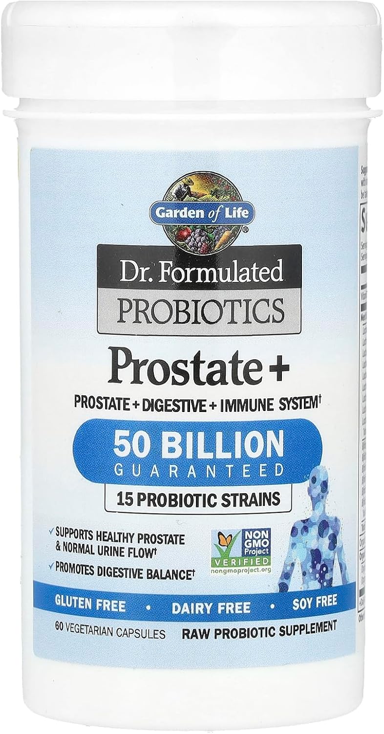 Bottle of Garden of Life Dr. Formulated Probiotics+ for Men, 60 vegetarian capsules.