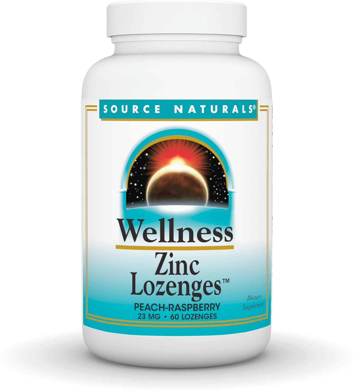 Front image: Source Naturals Wellness Zinc lozenges peach raspberry flavour lozenge bottle 60 count