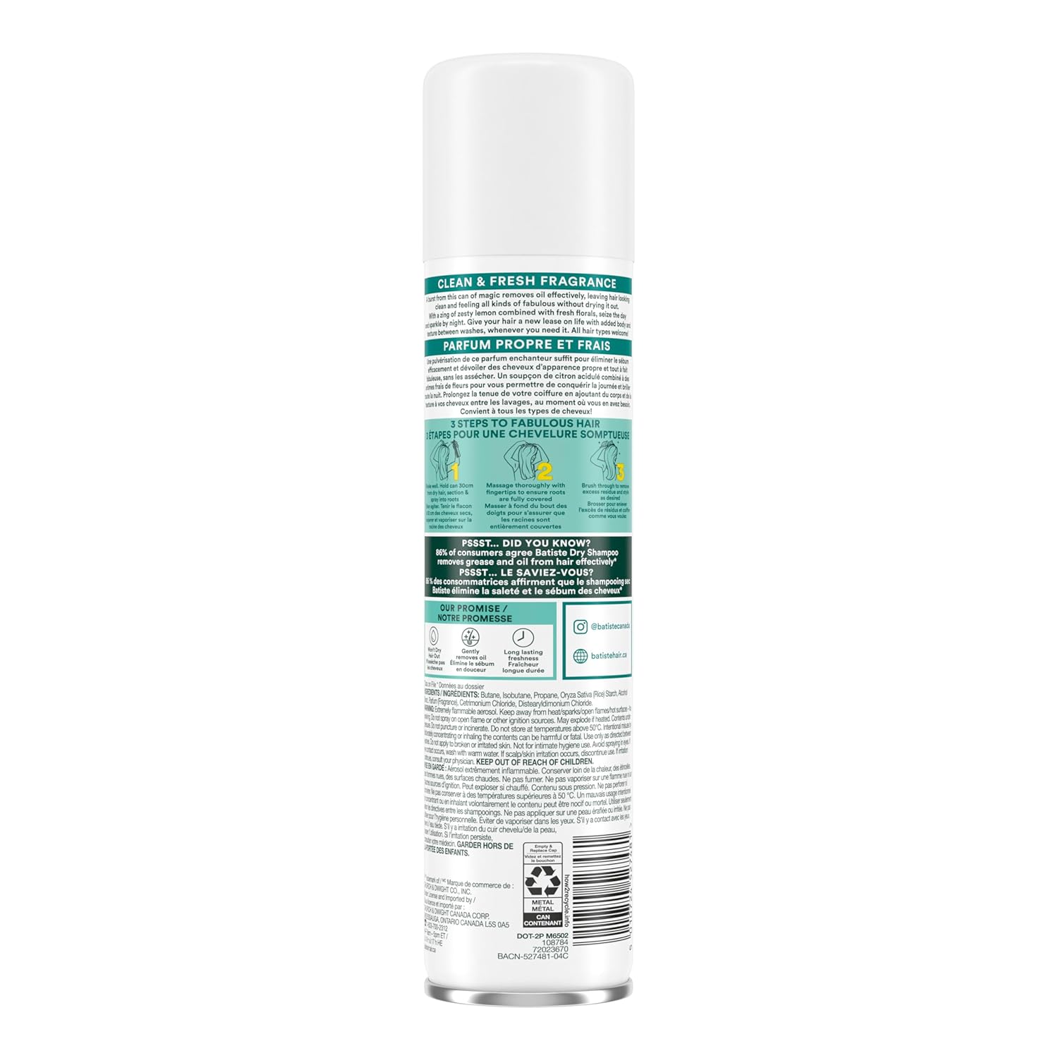 Back of Batiste Dry Shampoo 200ml bottle showing ingredients and safety instructions.