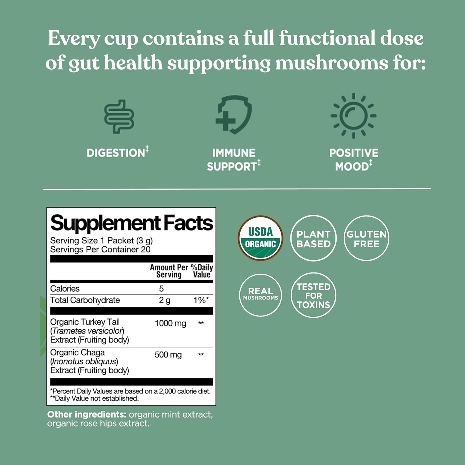 Four Sigmatic chaga elixir ingredients and nutritional information panel on packaging