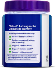 Natrol Ashwagandha Complete supplement facts label bottle 30 gummies