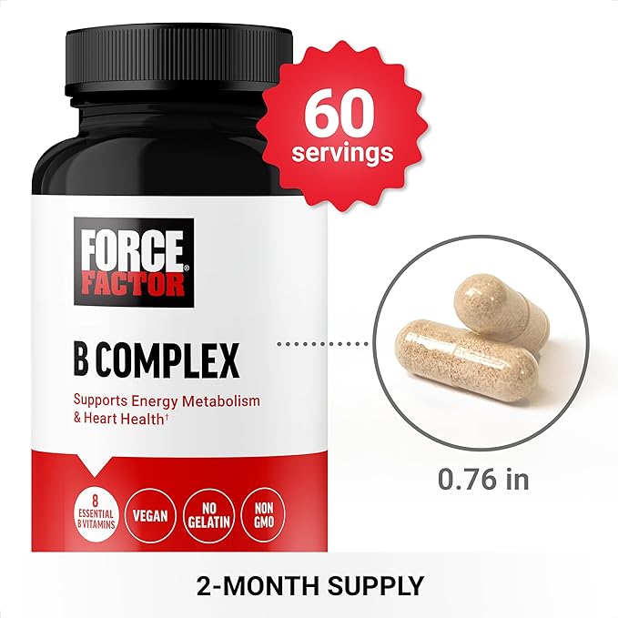 Force Factor Vitamin B Complex supplement bottle, 60 vegan capsules.