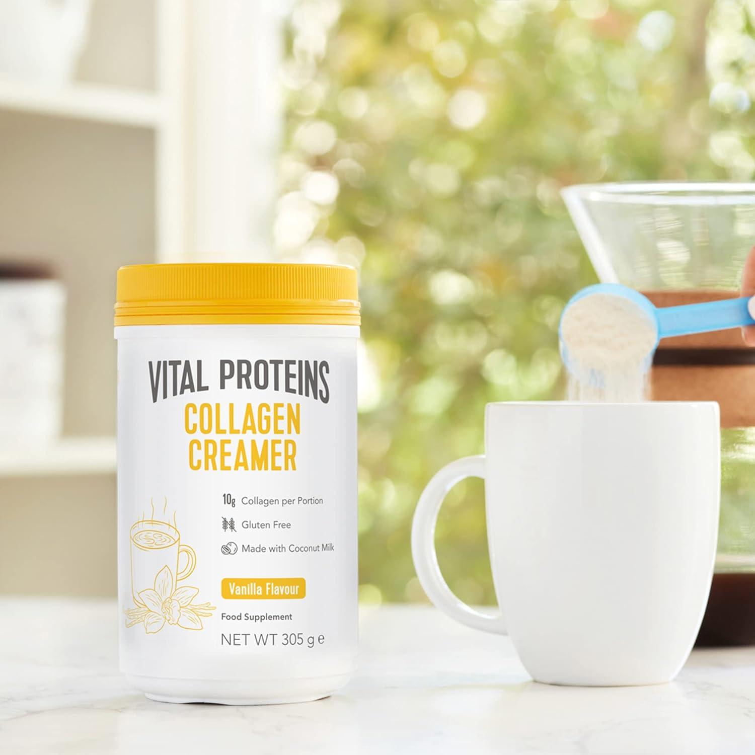 Lifestyle/use image: Vital Proteins Collagen Coffee Creamer vanilla powder tub 305g lifestyle use
