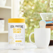 Lifestyle/use image: Vital Proteins Collagen Coffee Creamer vanilla powder tub 305g lifestyle use