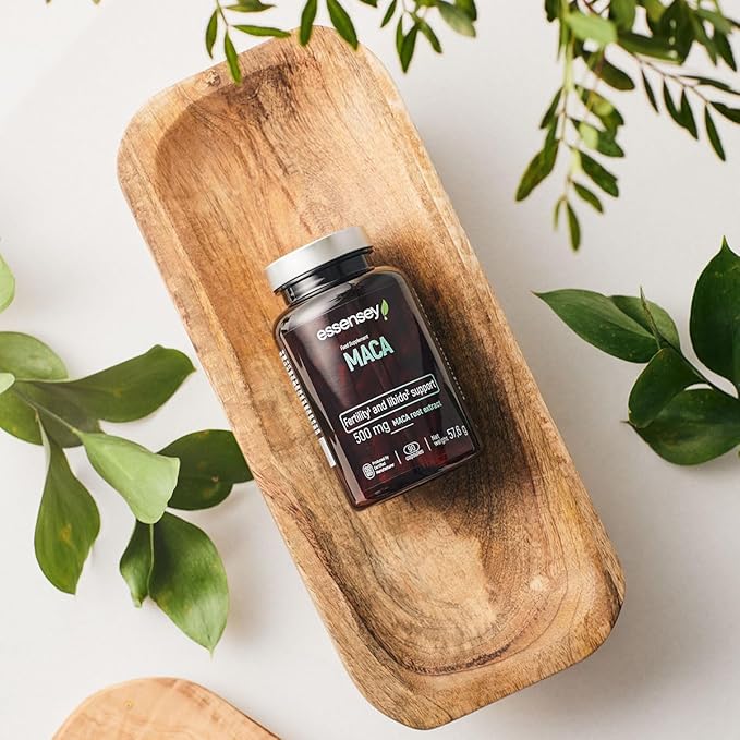 Essensey Maca Root Extract bottle, 90 vegan capsules, on a lifestyle background.