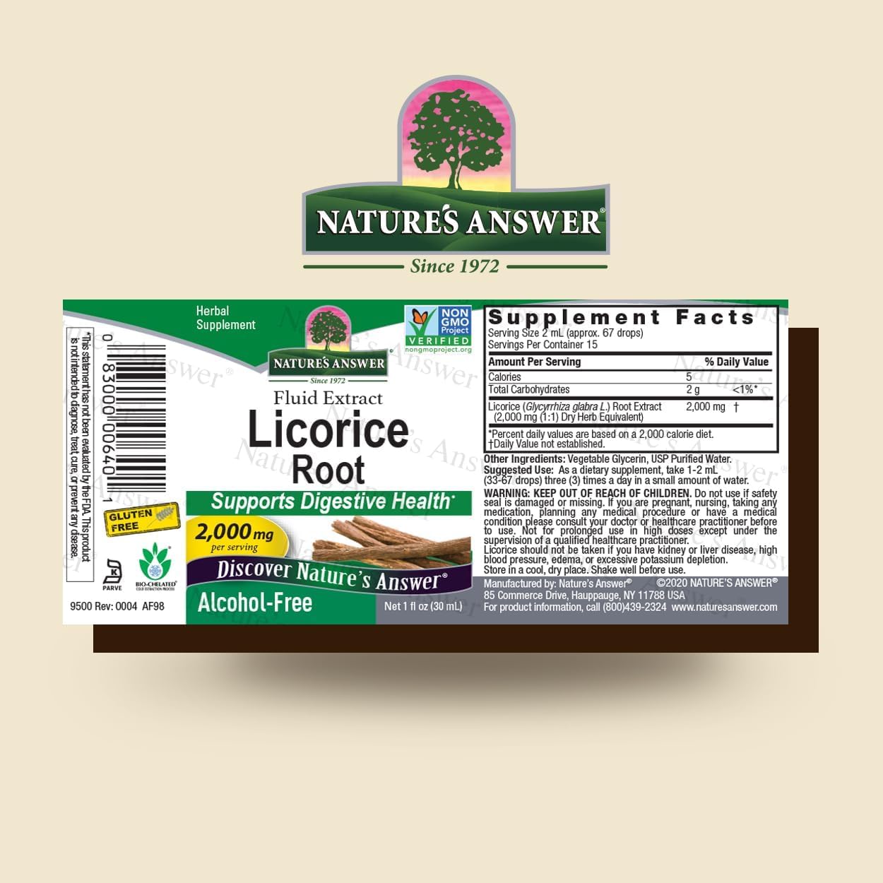 Natures Answer Licorice Root supplement label on a beige background