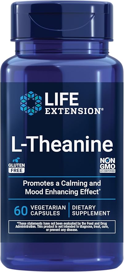 Supplement facts, ingredients, and disclaimer for Life Extension L-Theanine.