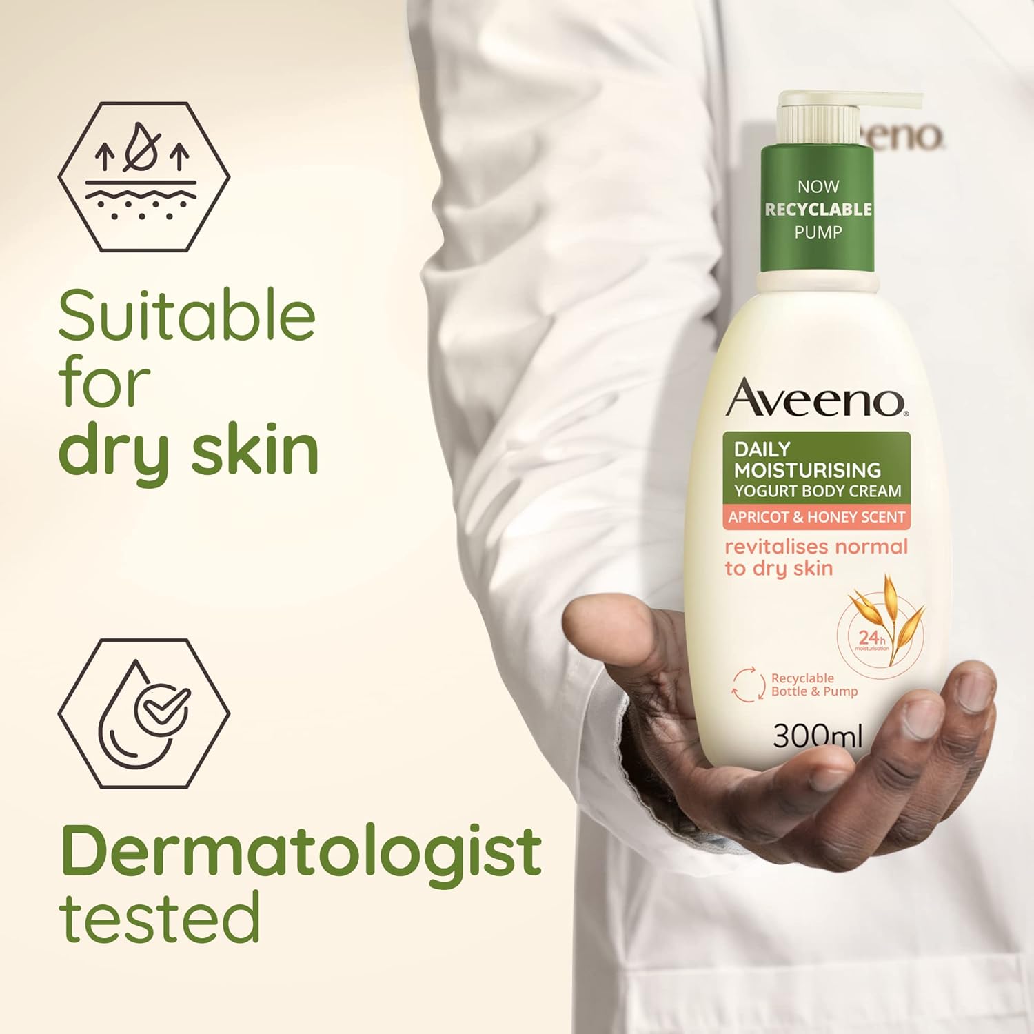 Aveeno Daily Moisturising Yogurt Body Cream pump bottle, 300ml, with apricot and honey.