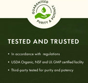 Certification badge for purity and potency with text on a green background