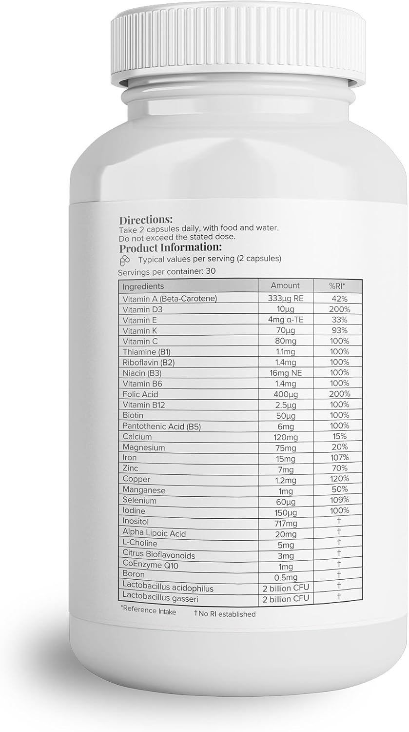Supplement facts panel showing full list of vitamins and minerals.