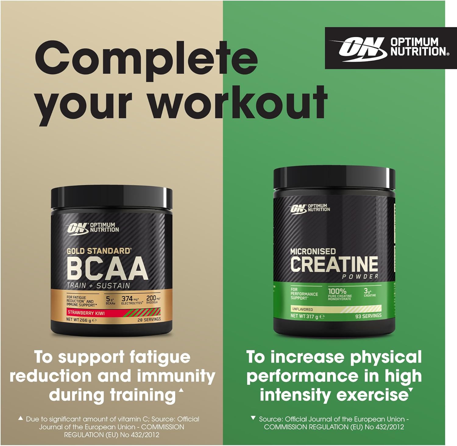 Optimum Nutrition supplements with text on a two-tone background