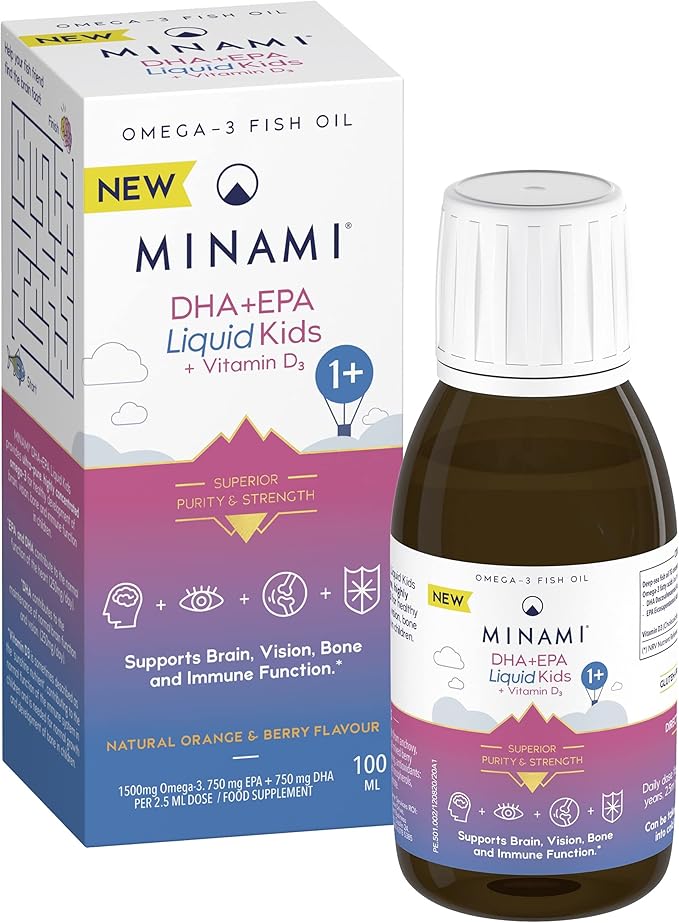 Minami DHA+EPA Liquid for Kids with Vitamin D3, 100ml bottle and box, natural berry and orange flavor.