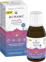 Minami DHA+EPA Liquid for Kids with Vitamin D3, 100ml bottle and box, natural berry and orange flavor.