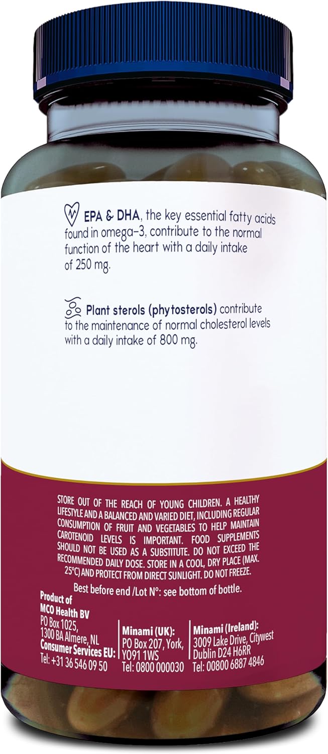 Supplement facts label for Minami MorEPA showing plant sterols, EPA, and botanical extracts.