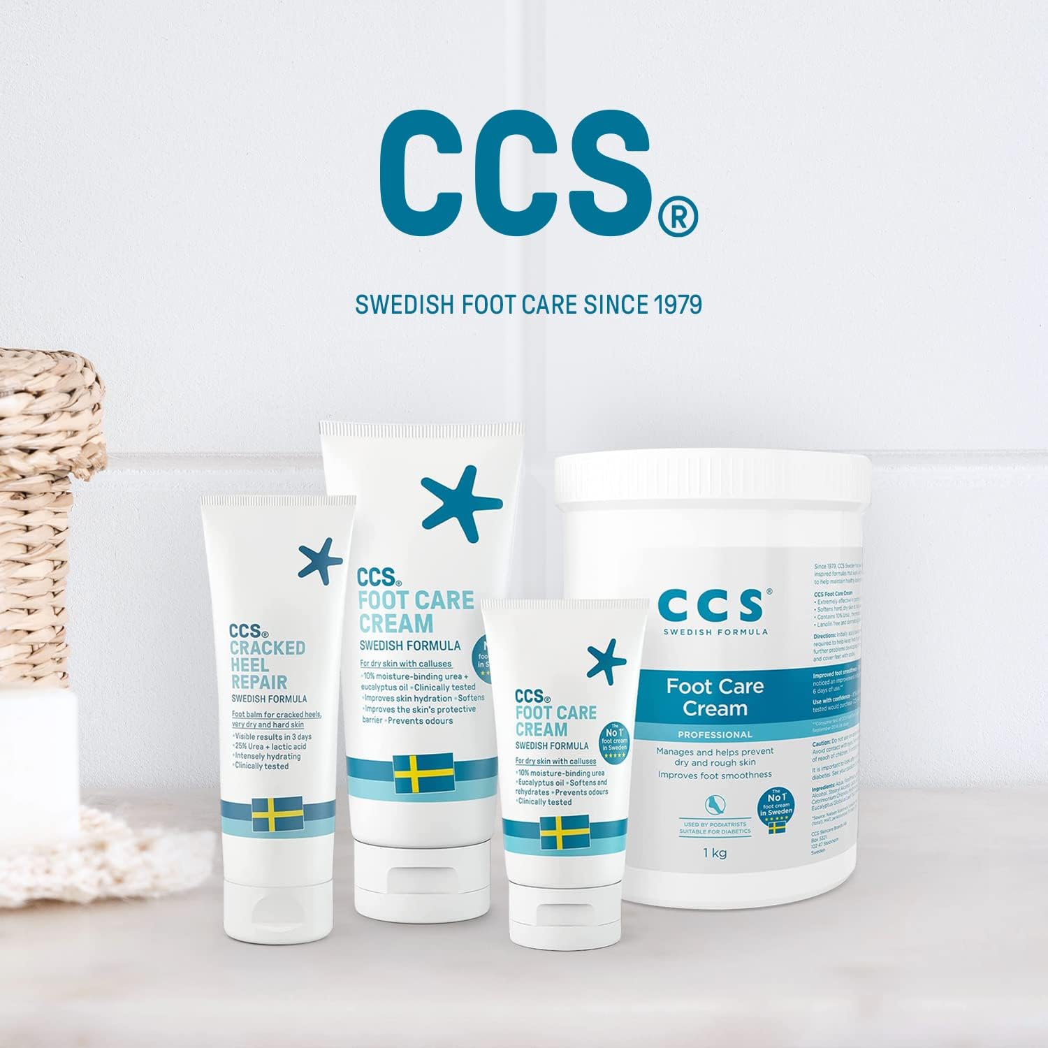 CCS foot care products on a white background with 'Swedish foot care since 1979' text.