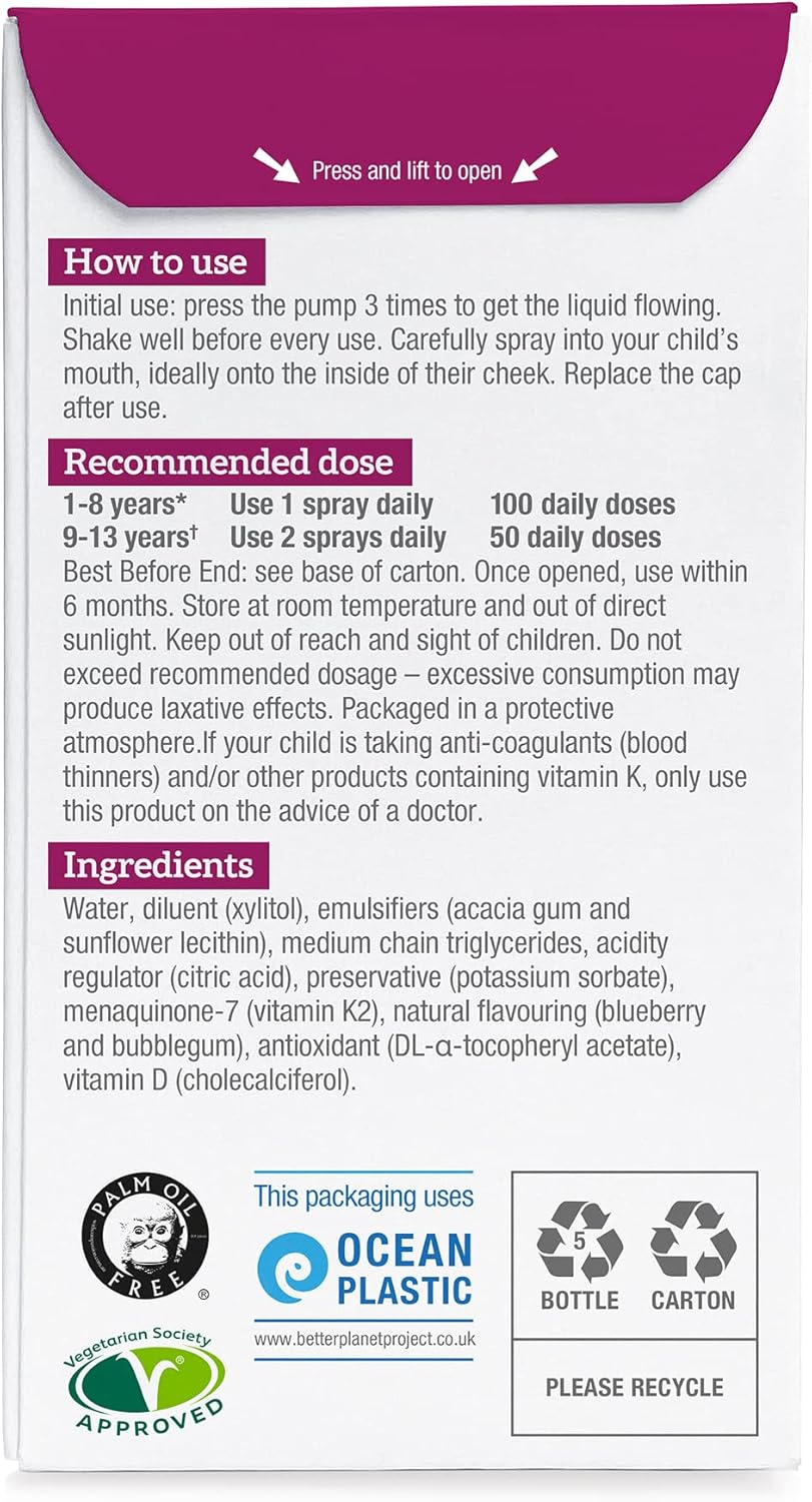 Supplement facts label for BetterYou Kids Vitamin D K2 Spray.