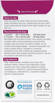 Supplement facts label for BetterYou Kids Vitamin D K2 Spray.