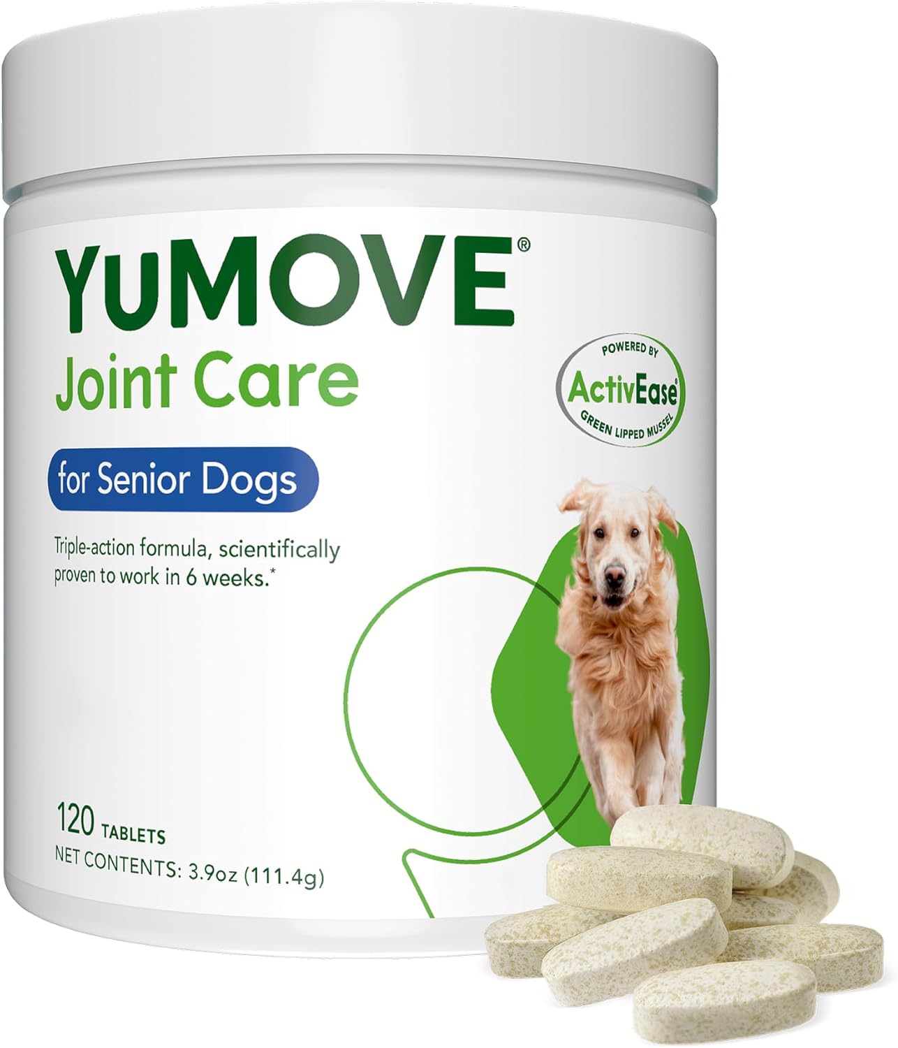 YuMOVE Joint Support Supplement for Senior Dogs, 120-count tub.