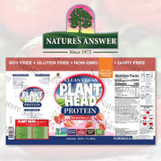 Nature's Answer Plant Head Protein packaging with strawberry flavor on a light pink background