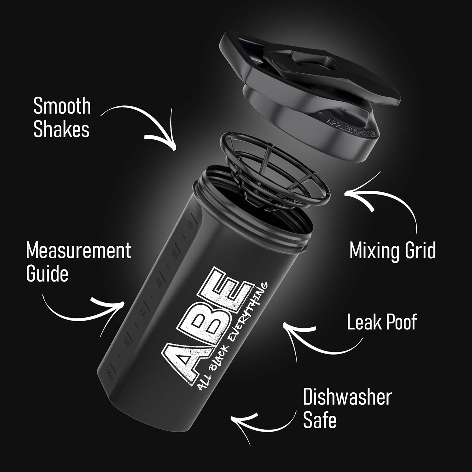 Applied Nutrition ABE All Black Everything Protein Shaker Bottle 700ml, specifications black with white logo, on white background. 