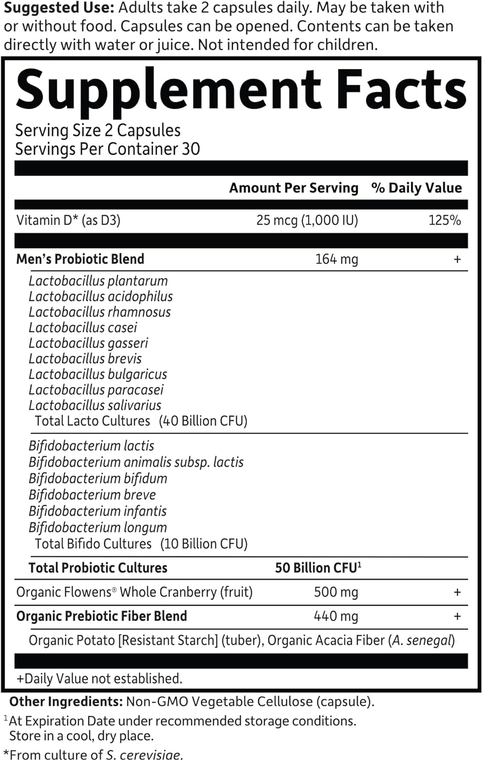 Supplement facts panel for Dr. Formulated Probiotics+ for Men showing ingredients and blend amounts.