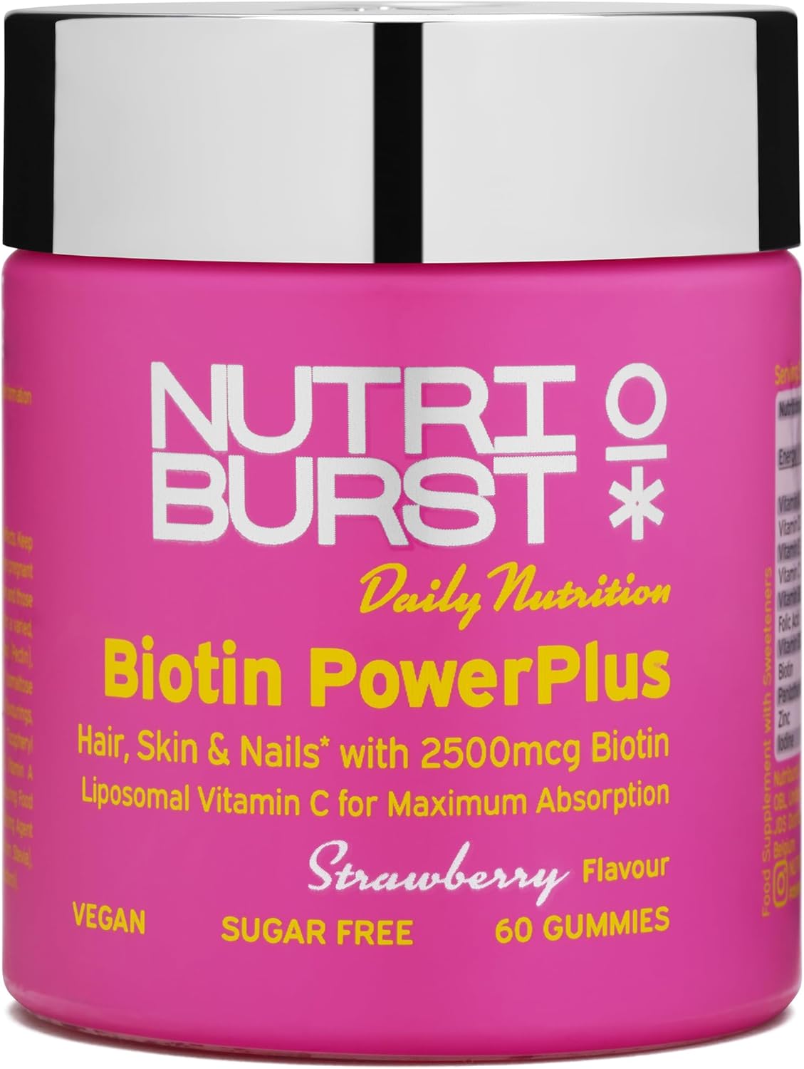 Nutriburst Biotin Power Plus 2500mcg Gummies jar, strawberry, 60 count.