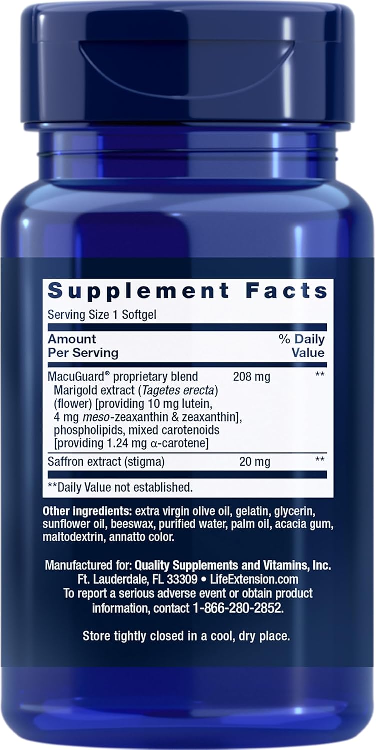 Supplement facts for Life Extension MacuGuard showing carotenoid and saffron blend.