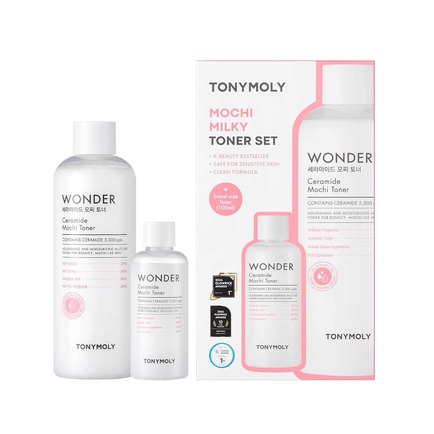 TONYMOLY Wonder Ceramide Mochi milky toner set 500ml 100ml bottles & box