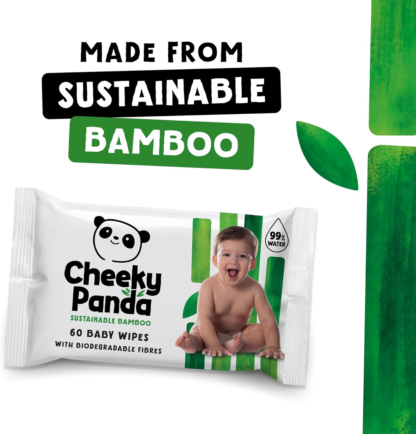 The Cheeky Panda Bamboo Baby Wipes - 99% Water, Sensitive Skin - 60 Wipes