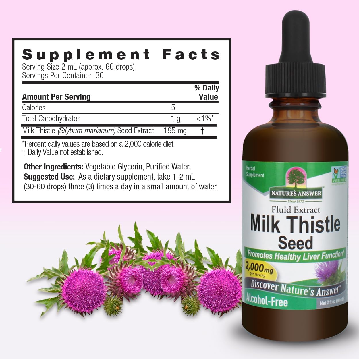 Milk Thistle seed extract supplement bottle with label and supplement facts on a pink background