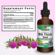 Milk Thistle seed extract supplement bottle with label and supplement facts on a pink background