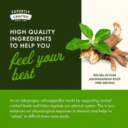 Advertisement for high-quality ashwagandha root supplement with green text and plant imagery.