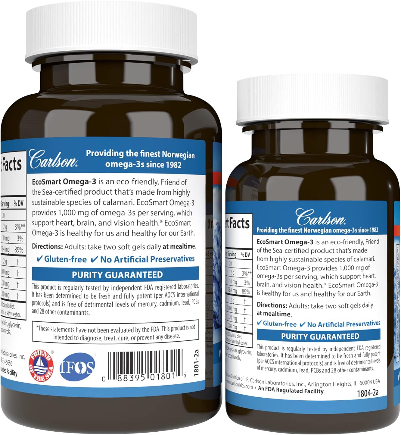 Barcode image & Directions: Carlson EcoSmart Omega 3 lemon softgels barcode bottle 120 count