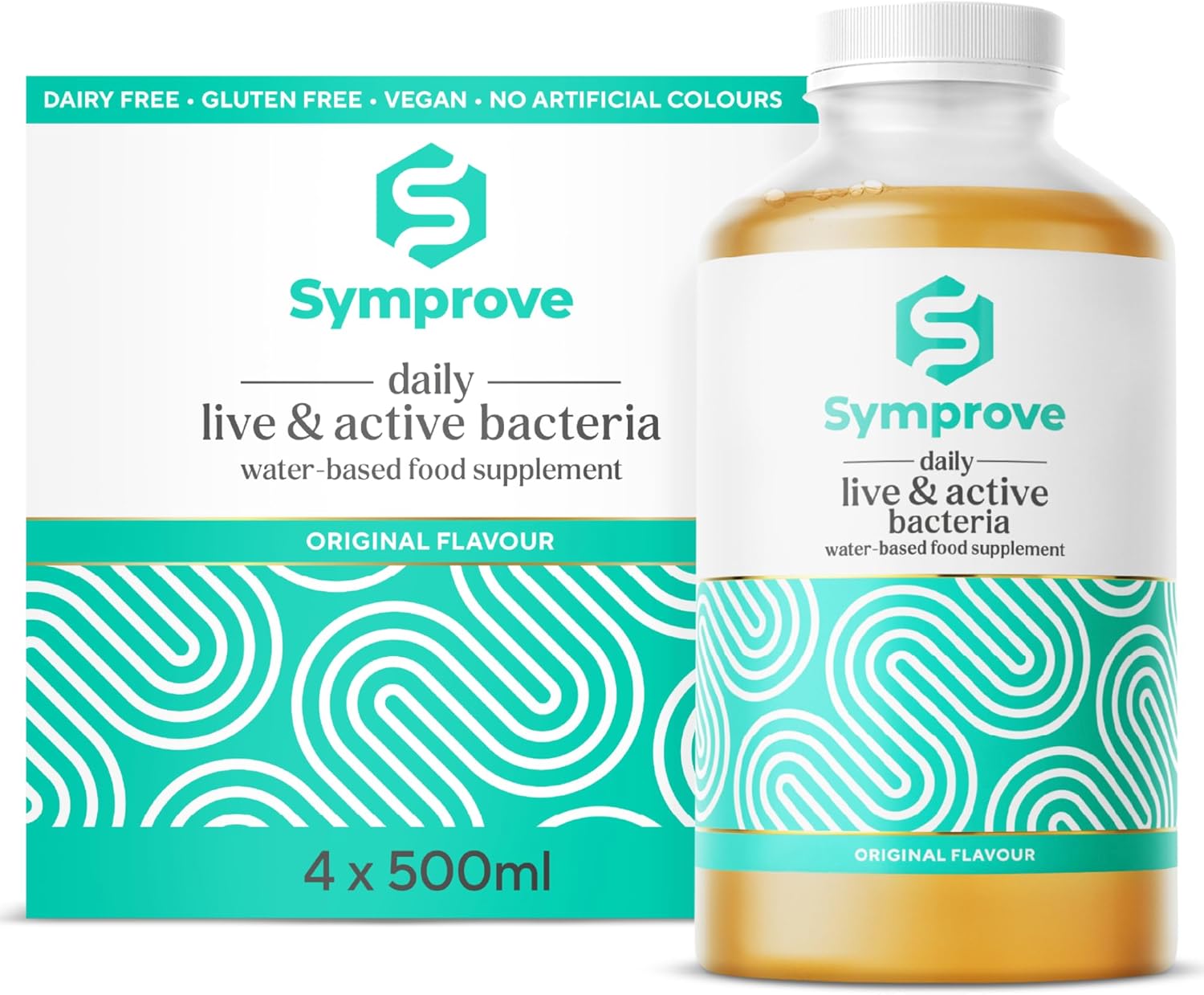 Symprove Liquid Probiotic Original Flavour 4 x 500ml multipack bottles live active bacteria supplement front view