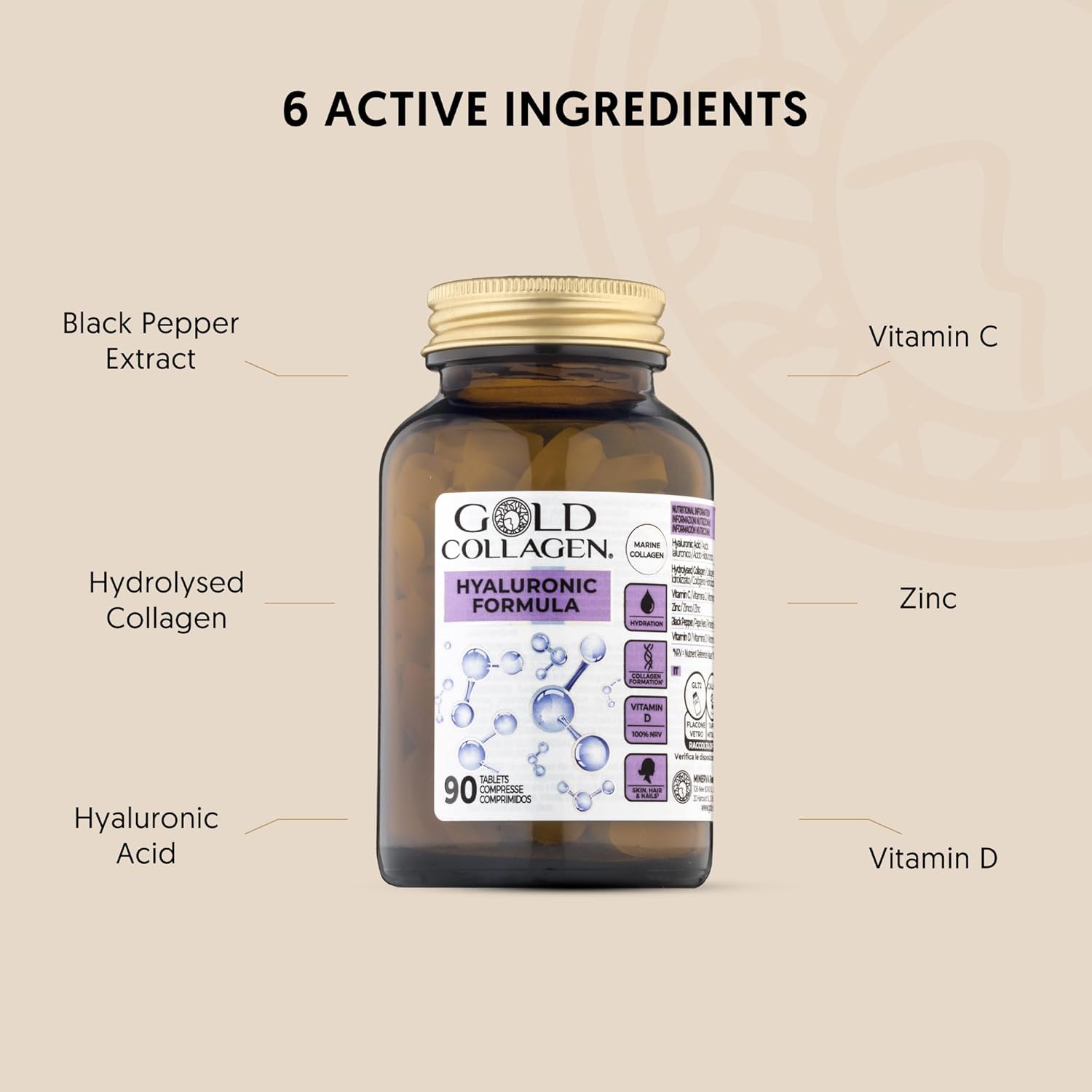 Gold Collagen supplement bottle with labeled active ingredients on a beige background