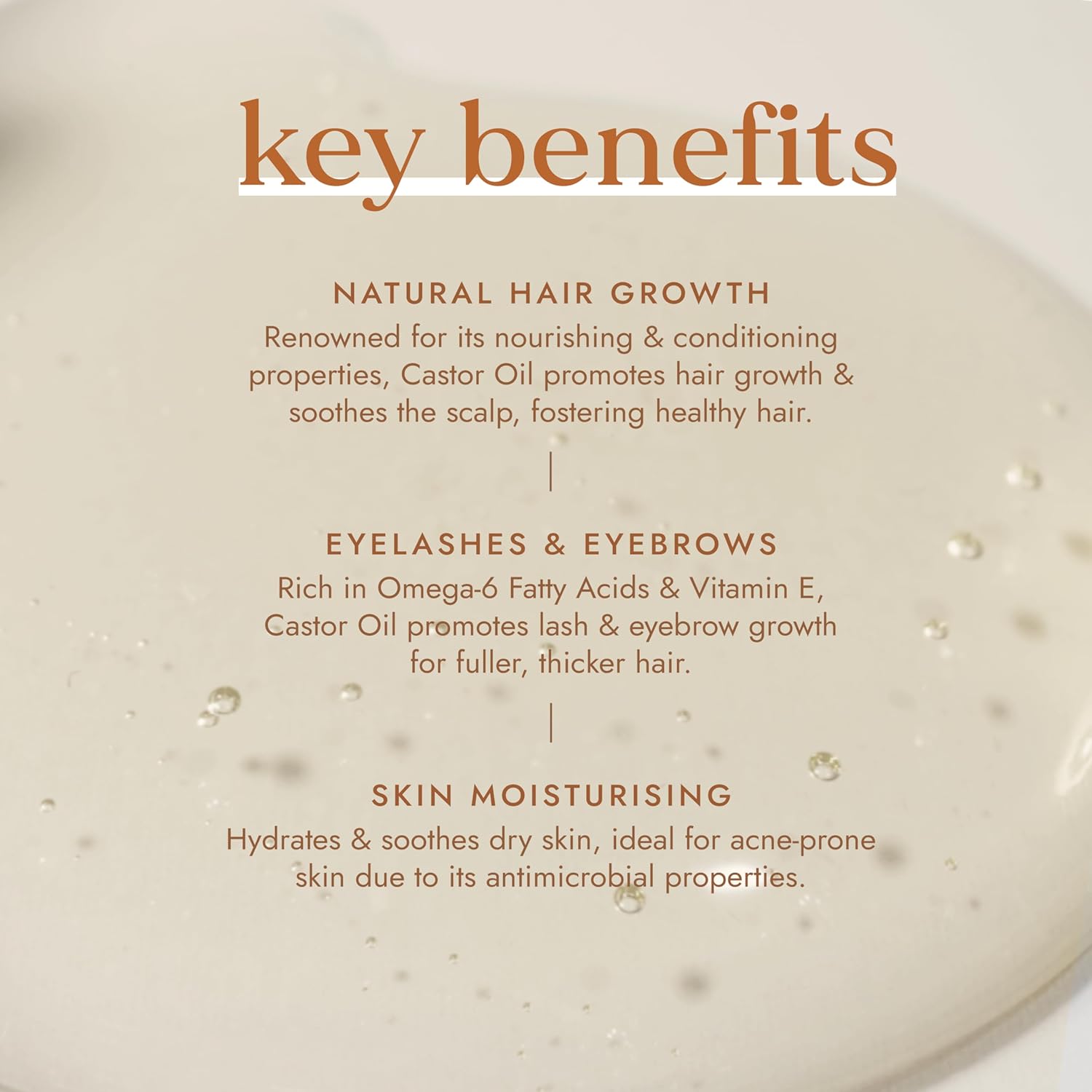 Text detailing the key benefits of castor oil on a beige background with droplets.
