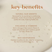 Text detailing the key benefits of castor oil on a beige background with droplets.