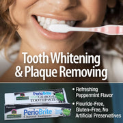 Woman brushing teeth with text about tooth whitening and plaque removal, featuring PerioBrite charcoal toothpaste.