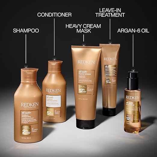 Redken All Soft Shampoo bottle with Argan Oil, 300ml formulation routine.