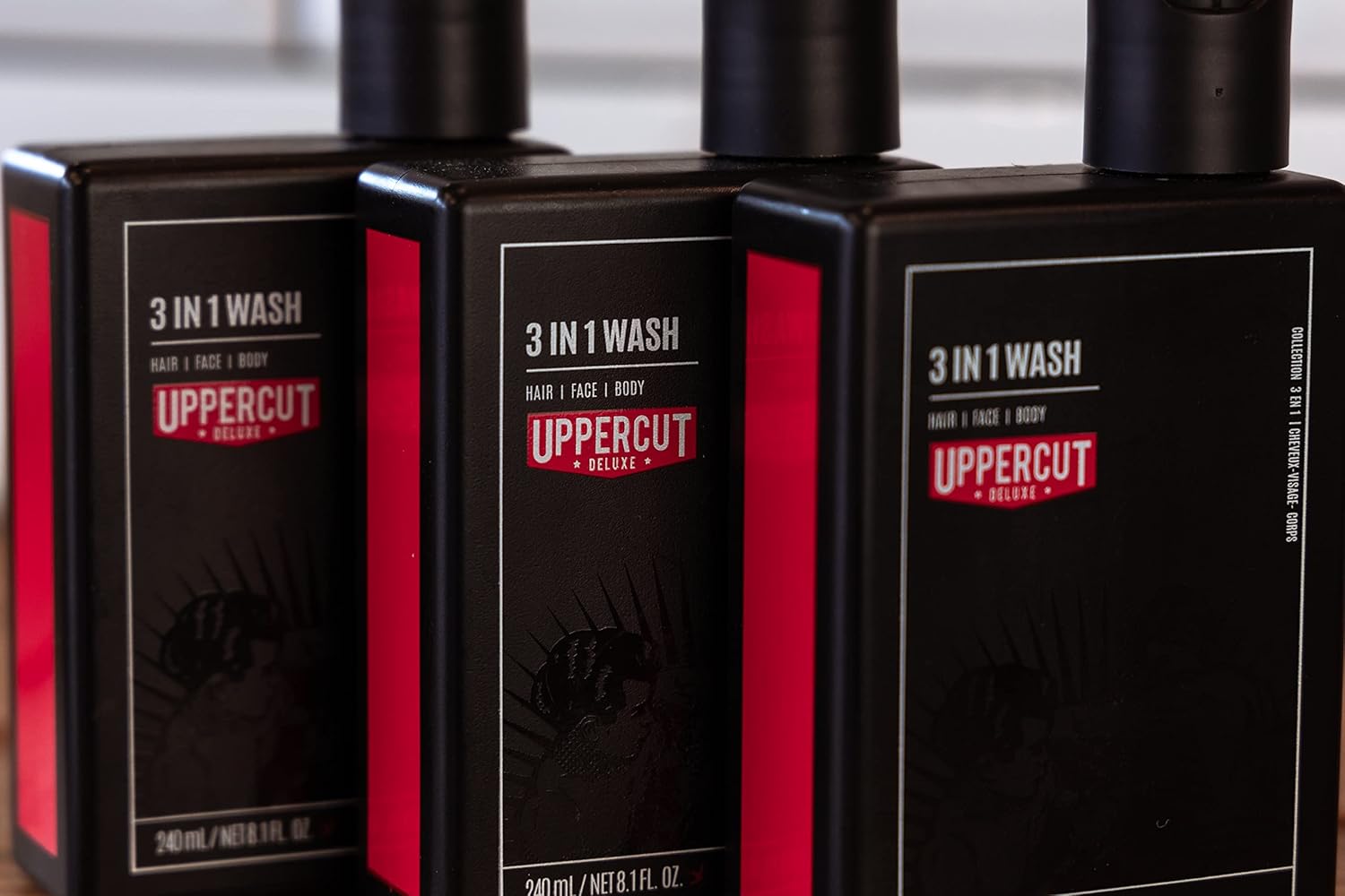 Lifestyle/use image: Uppercut Deluxe 3 in 1 Wash 240ml men grooming shower routine