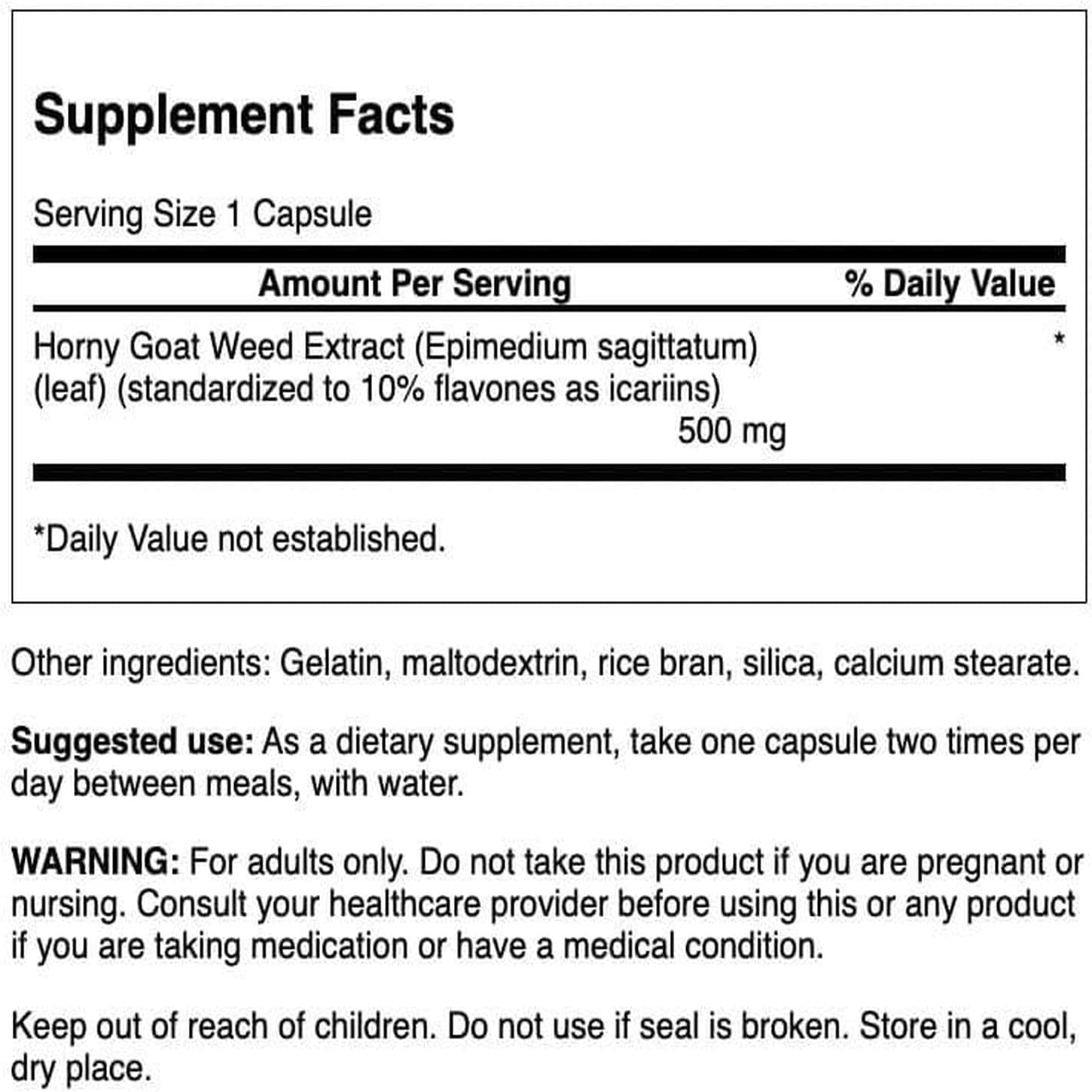 Supplement facts label for a product containing Horny goat weed extract.