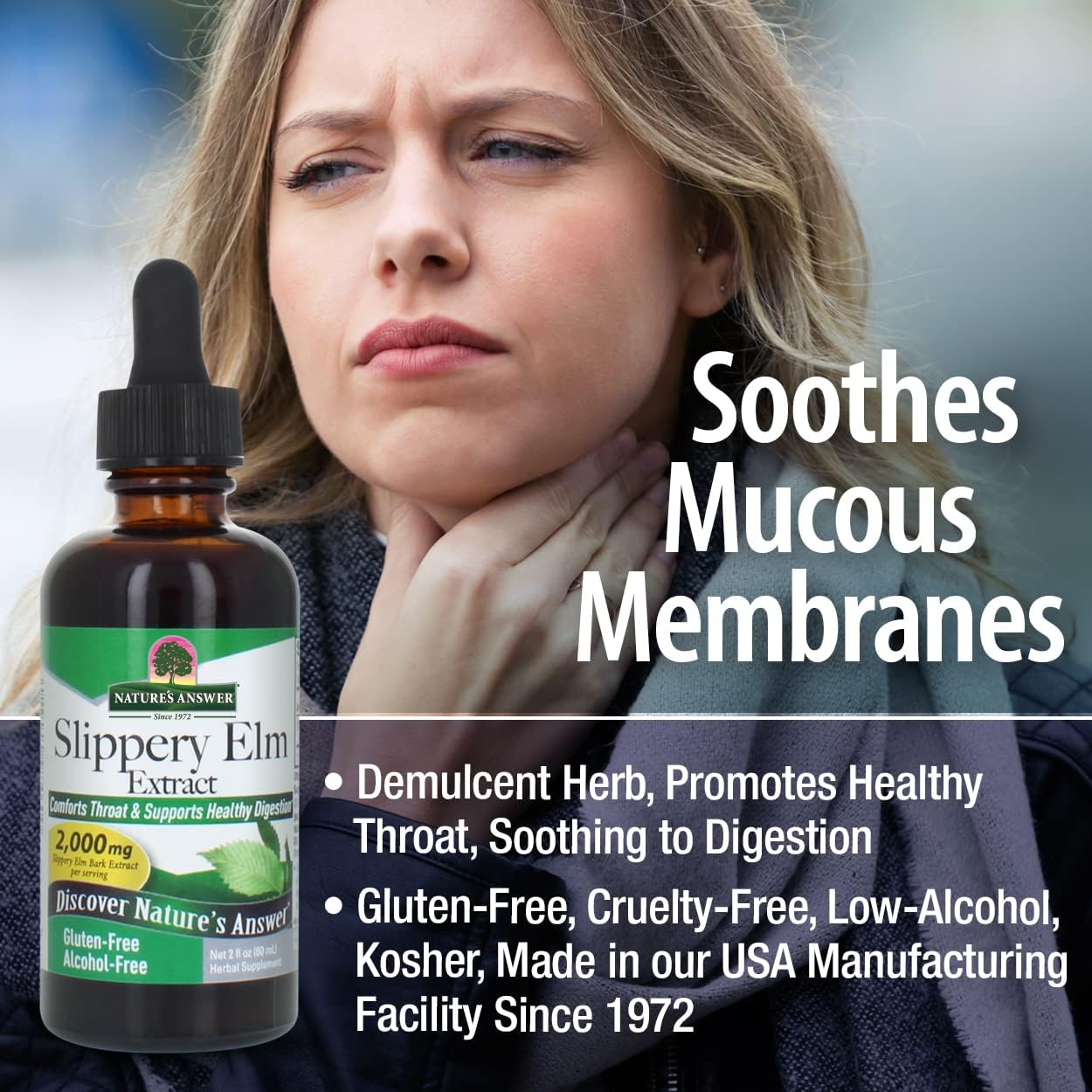 Bottle of Slippery Elm Extract with a woman holding her throat, text about product benefits.