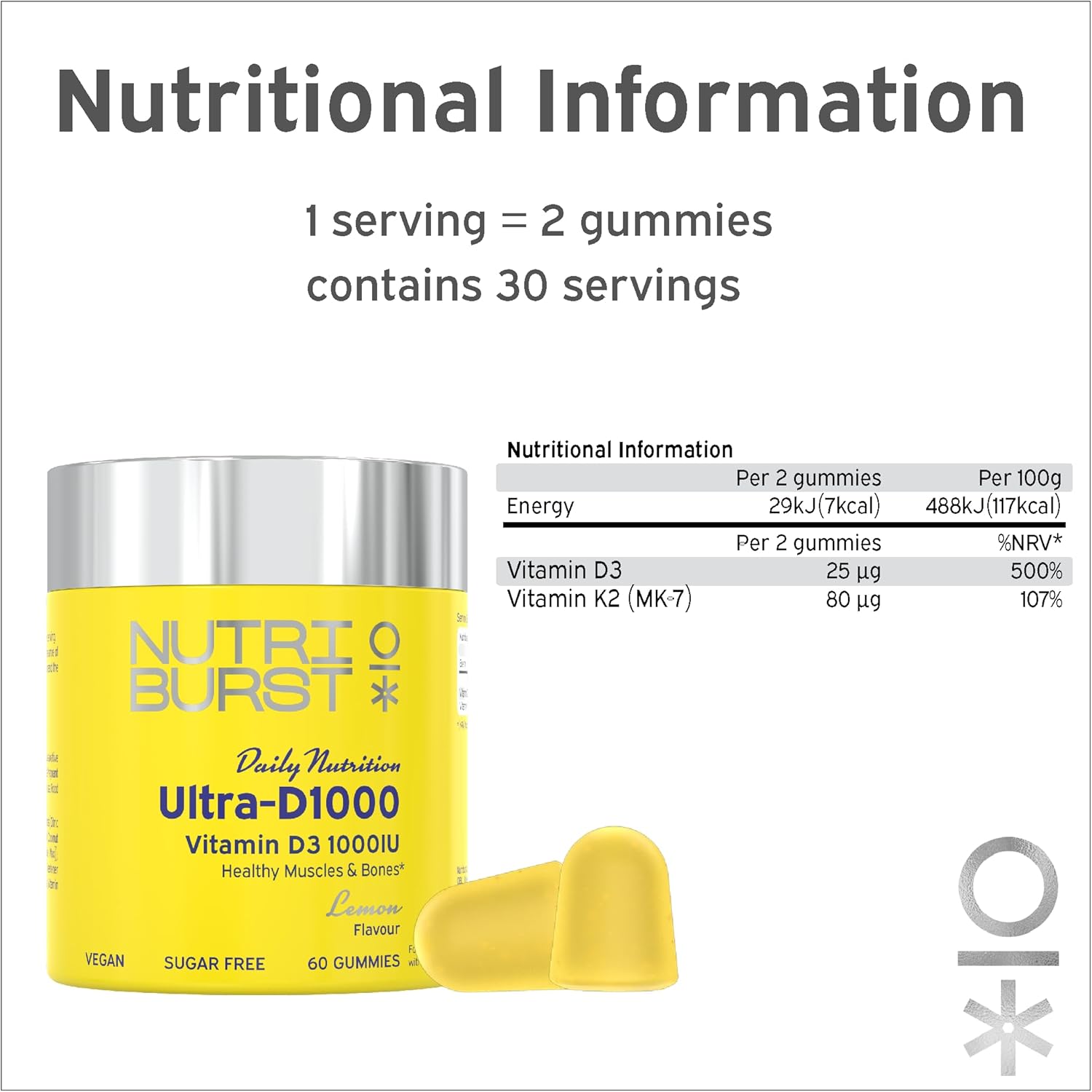 Supplement facts panel for Nutriburst Vegan D3 & K2 Gummies.