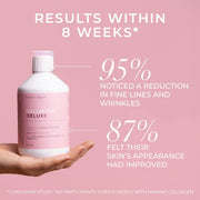 Collagen Deluxe bottle held in a hand with text on a pink background