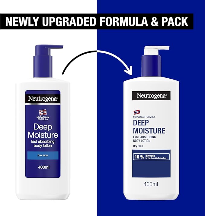 Neutrogena Deep Moisture Fast-Absorbing Body Lotion 400ml bottle. Old & new packaging.