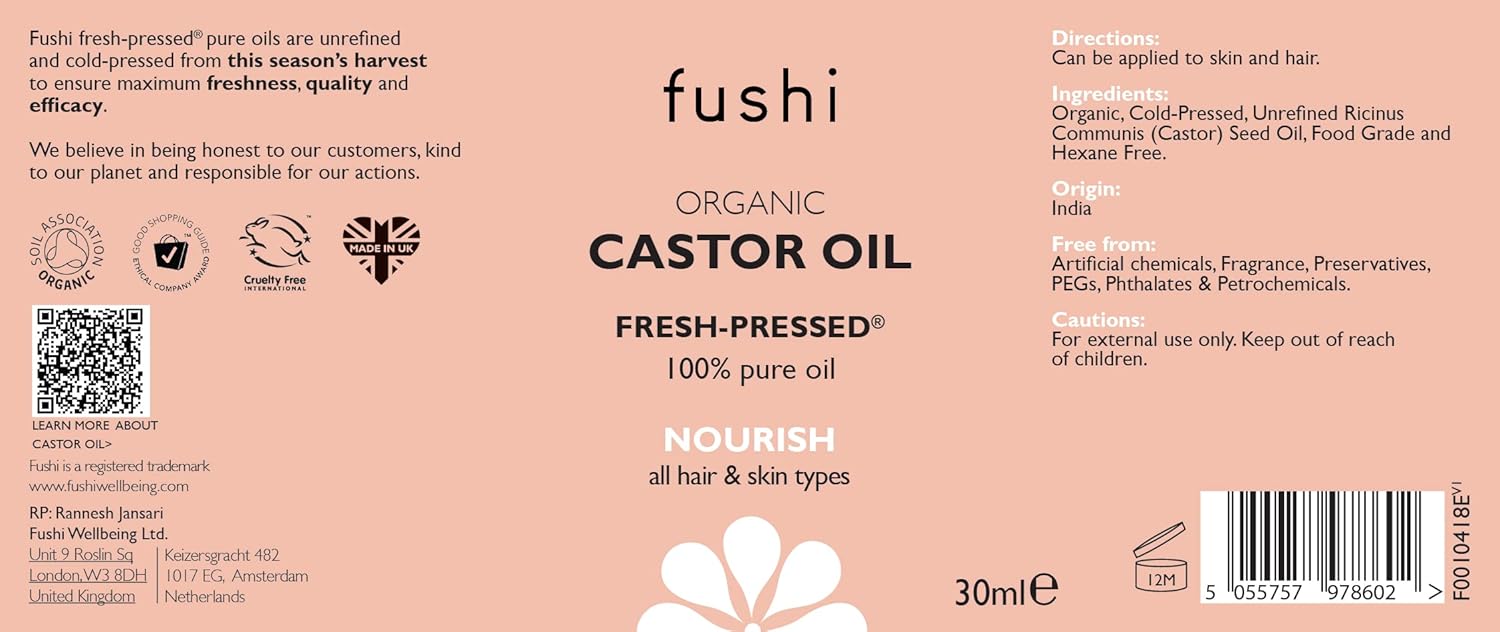 Label of fushi Organic Castor Oil with product details and branding.