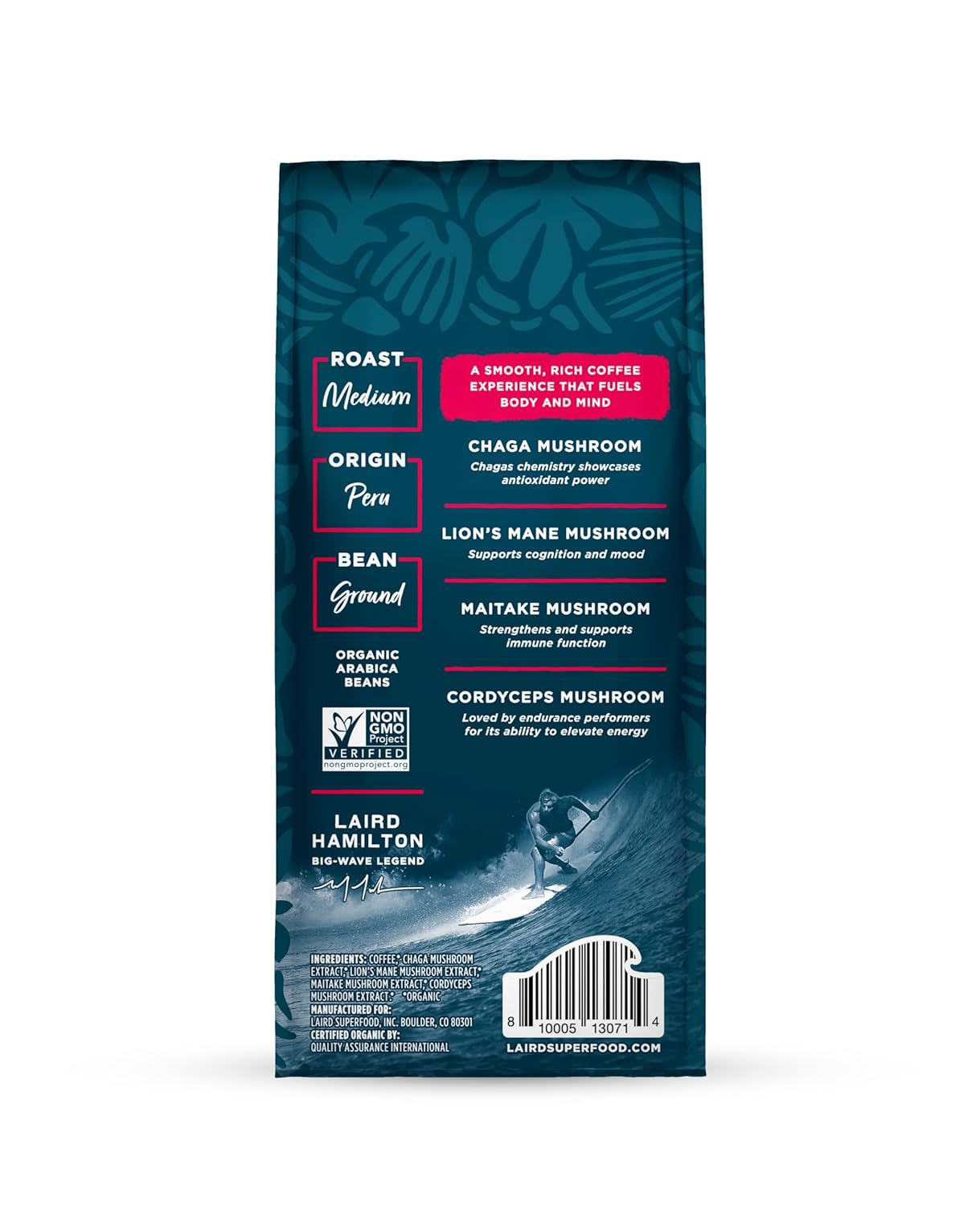 Laird Superfood Peruvian medium roast coffee with mushrooms 340g barcode on white background